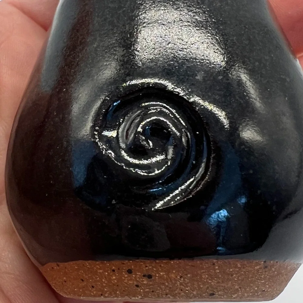 Black Pottery Bud Vase‎ with Swirls Slight Ombre Neck Artist Signed Minimalist